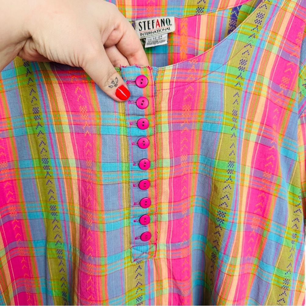Vintage 80’s Cottagecore  Rainbow Plaid Short Sleeve Oversized Pullover Blouse - Picture 6 of 12